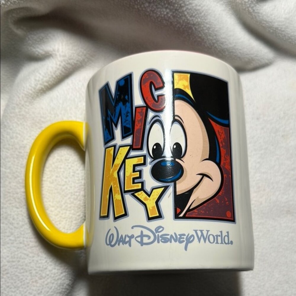 Disney Mickey Mouse Mug with Yellow Handle and Colorful Design Walt Disney World